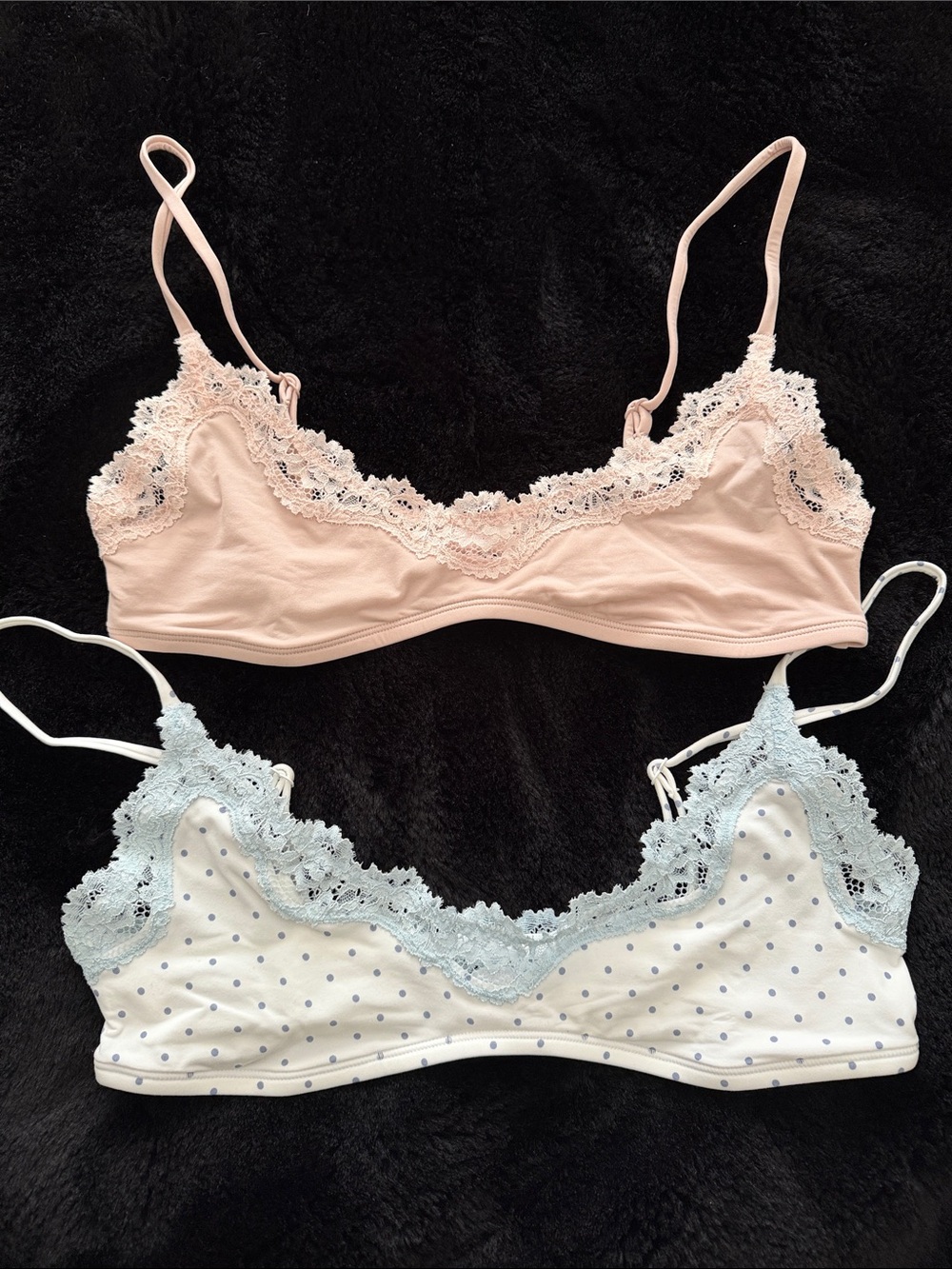 SKIMS Lace Trim Bralettes in Blush Pink and Light Blue Polka Dot